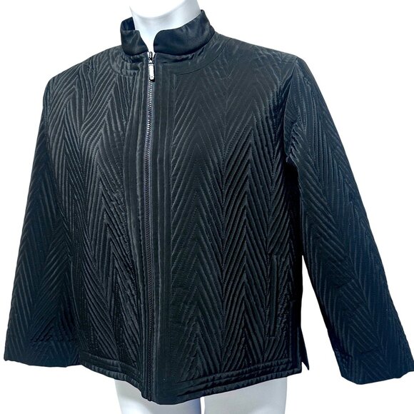 DKNY Bergdorf Goodman Black Quilted Chevron Jacket Red Satin Lining Size M - Picture 2 of 7